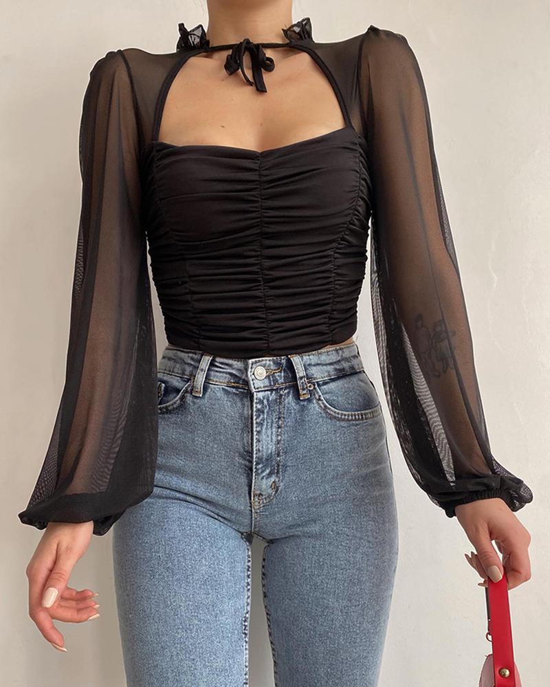

Contrast Mesh Ruched Cutout Long Sleeve Top, Black