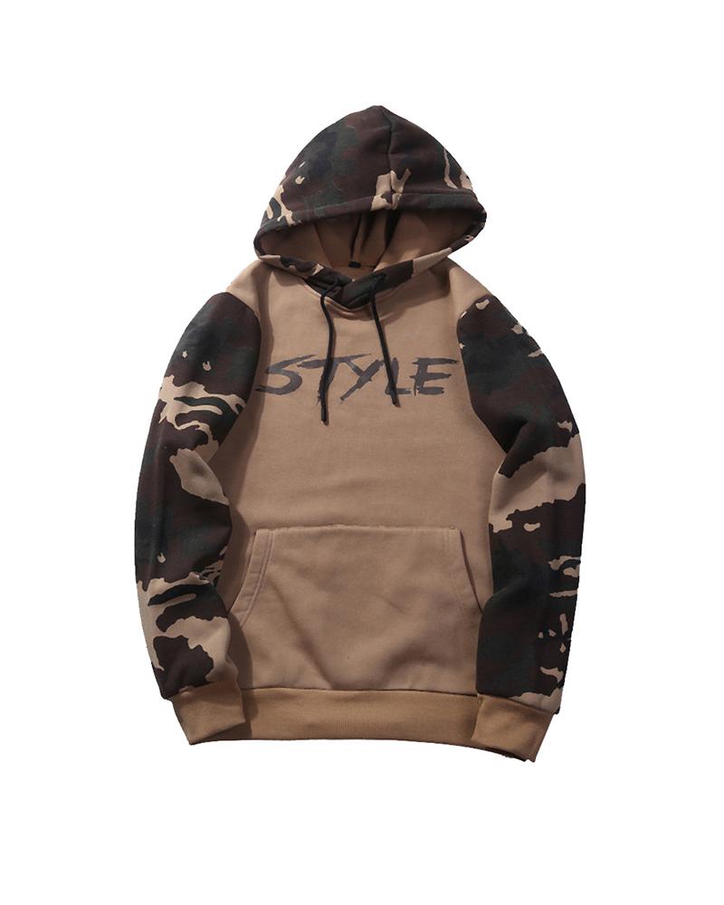 

Color Block Splicing Camouflage Letter Print Long Sleeve Hooded Sweatshirt, Khaki