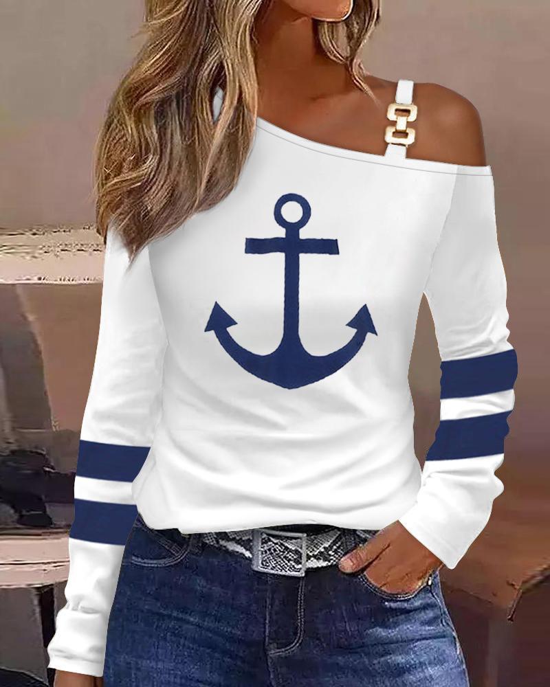 

Anchor Print Striped Cold Shoulder Top, White