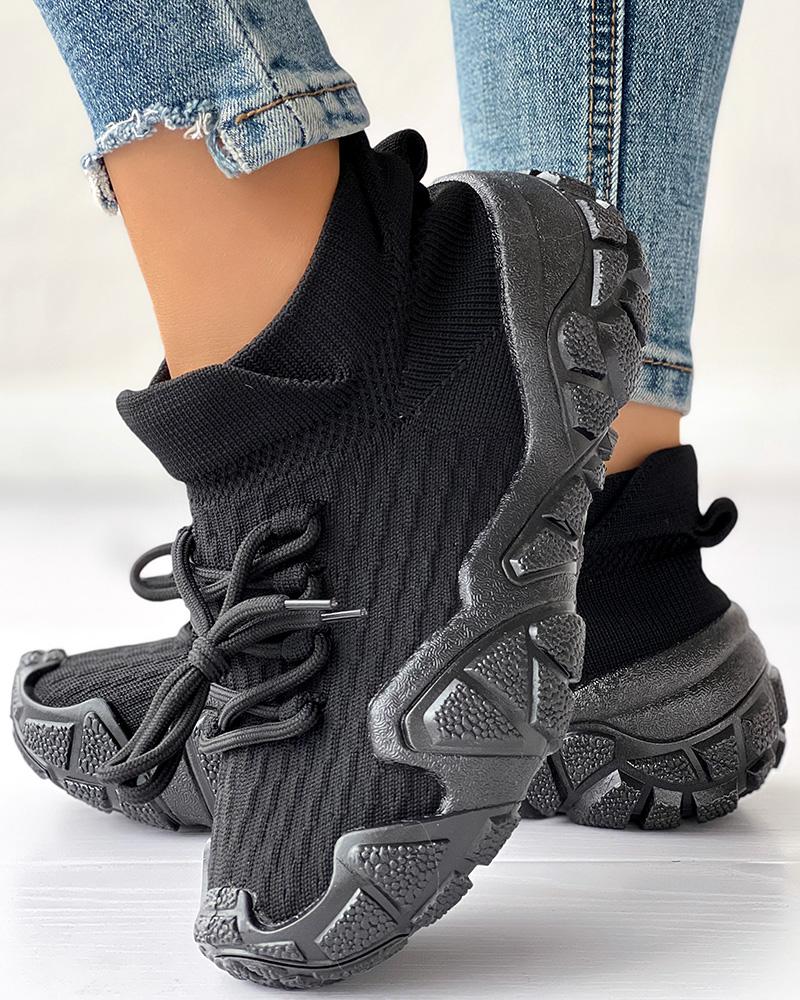 

Colorblock Breathable Lace-up Platform Casual Sneakers, Black