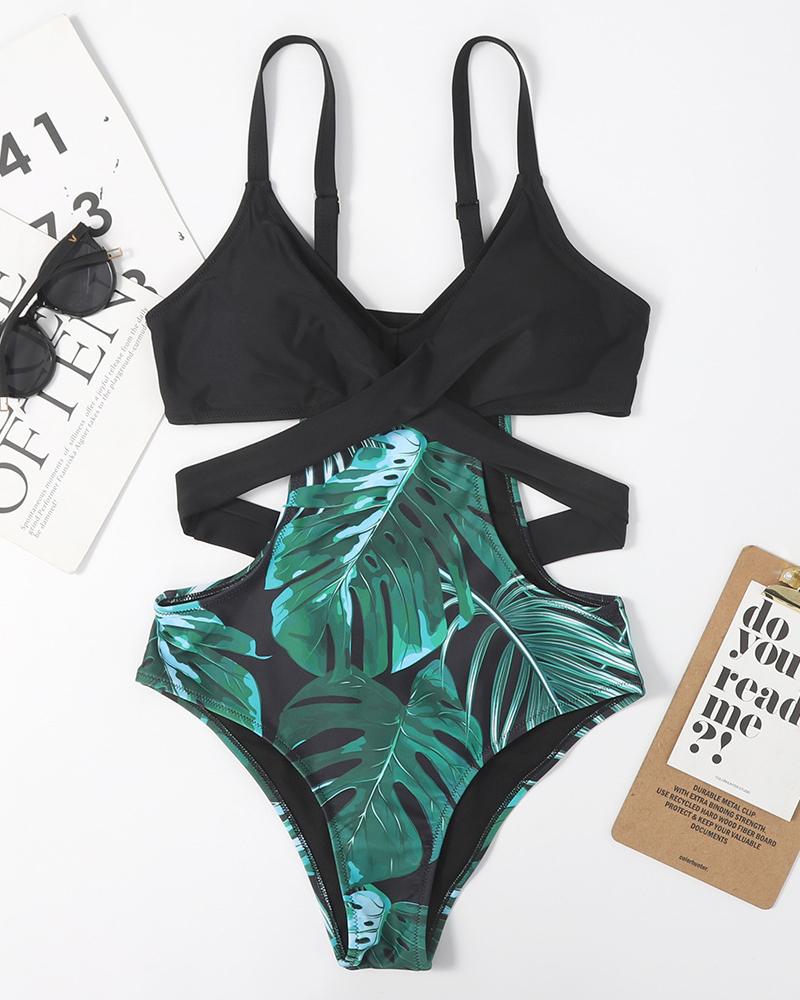 

Palm Tree Print Colorblock Cutout One Piece Swimsuit, Black