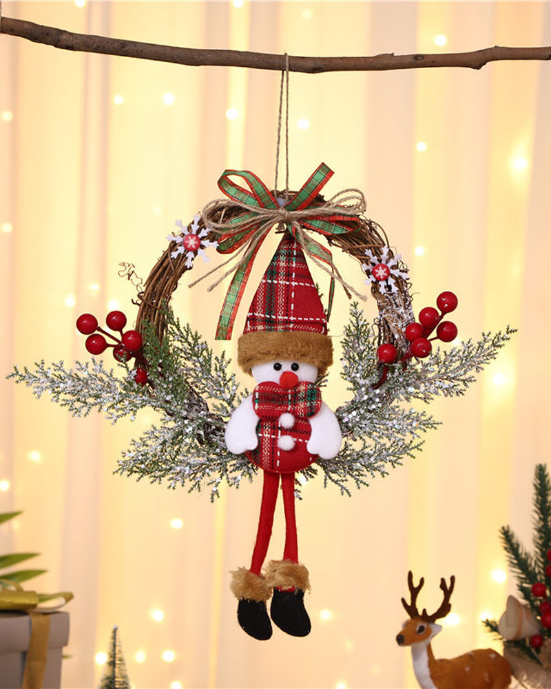 

Christmas Santa Claus Doll Wreath Round Vines Wreath Holiday Home Party Decoration Cartoon Doll Garland Window Door Hanging Ornament, Style2