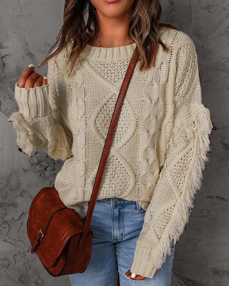 

Fringe Trim Long Sleeve Cable Knit Sweater, Apricot