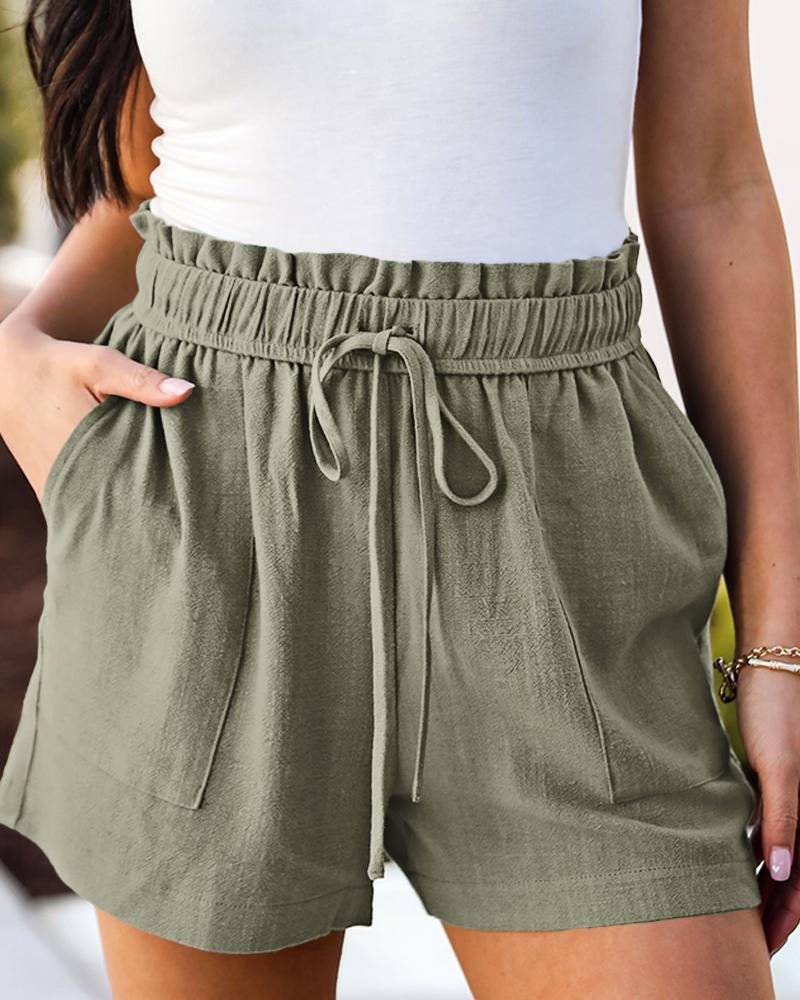 

Drawstring Pocket Design Paperbag Waist Shorts, Army green