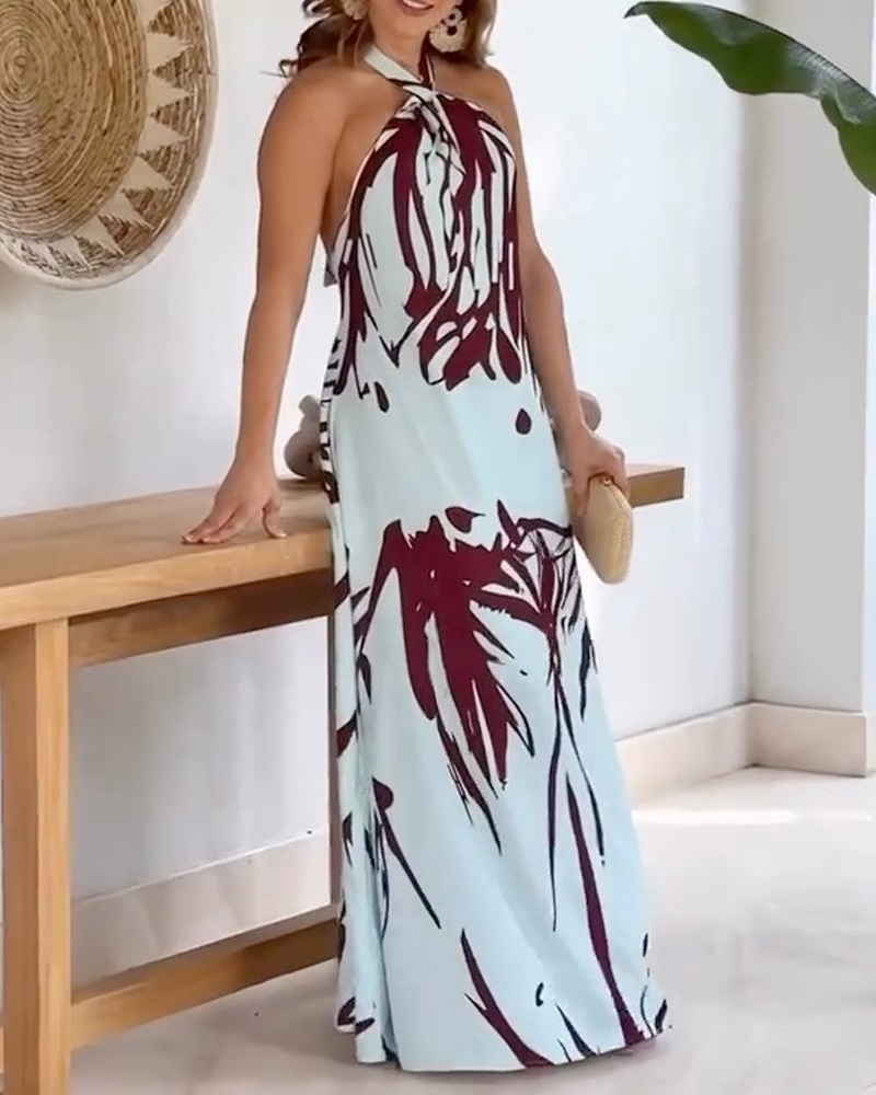 

Tropical Print Halter Backless Maxi Dress, White