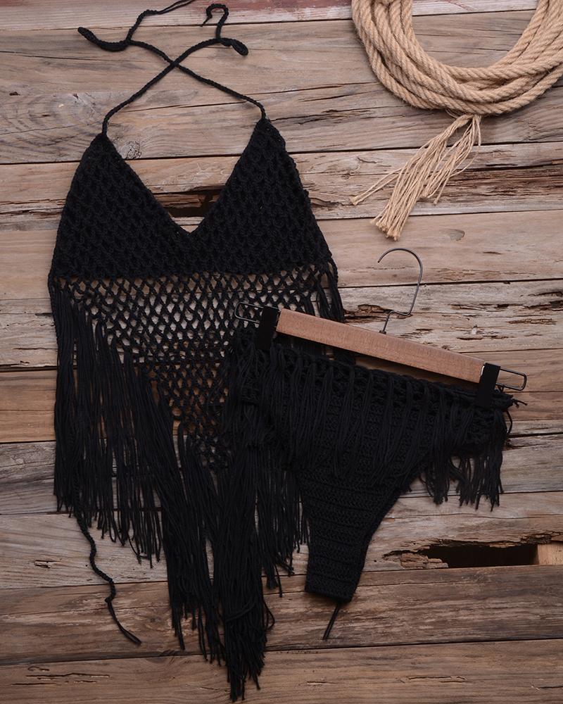 

Tassel Design Crochet Hollow Out Bikini Set, Black