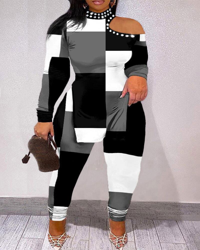 

Plus Size Geometric Print Slit Hem Top & Pants Set, Black