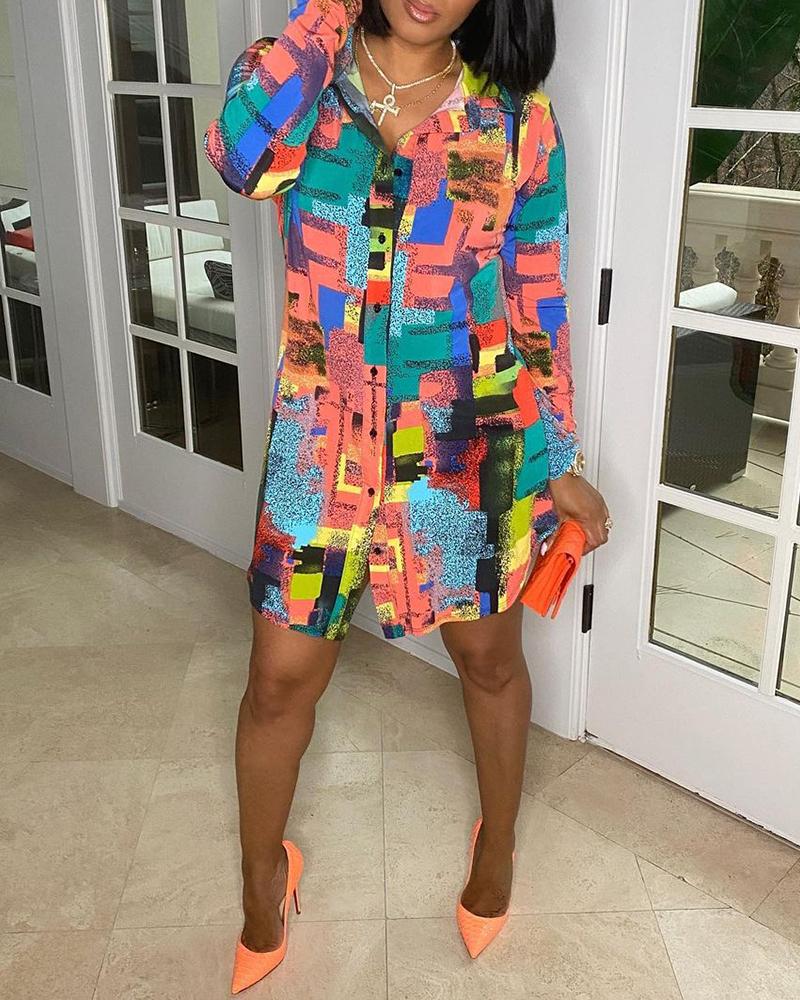 

Colorblock Long Sleeve Button Design Shirt Dress, Pink