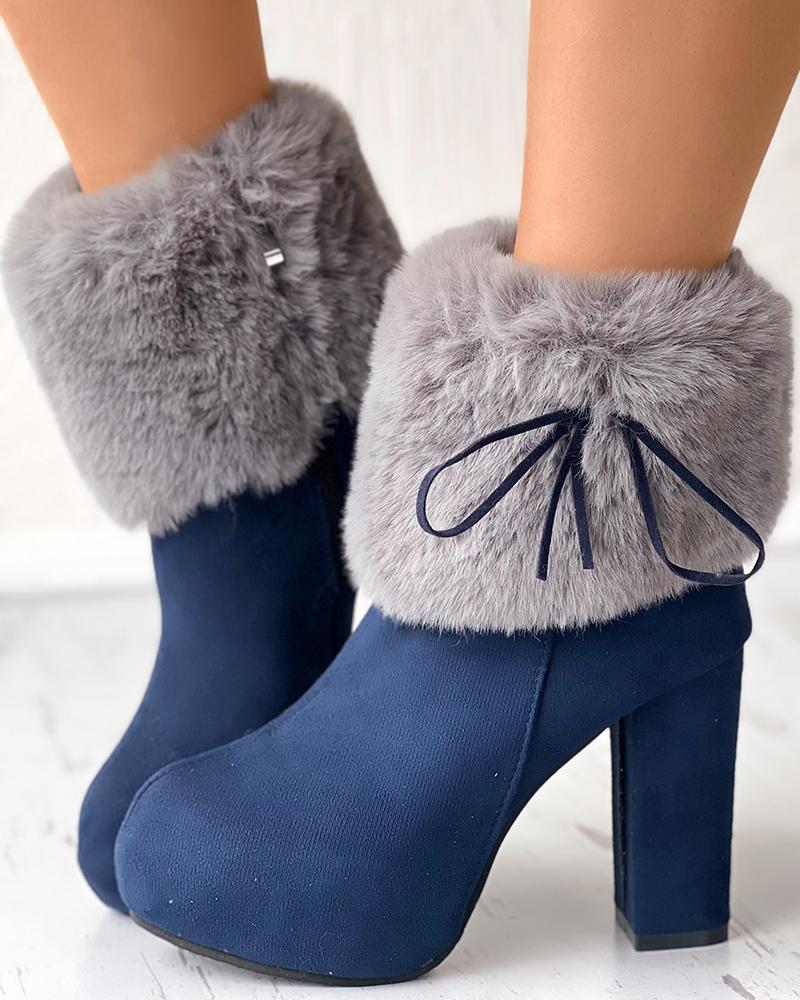 

Fuzzy Detail Chunky Heel Boots, Blue