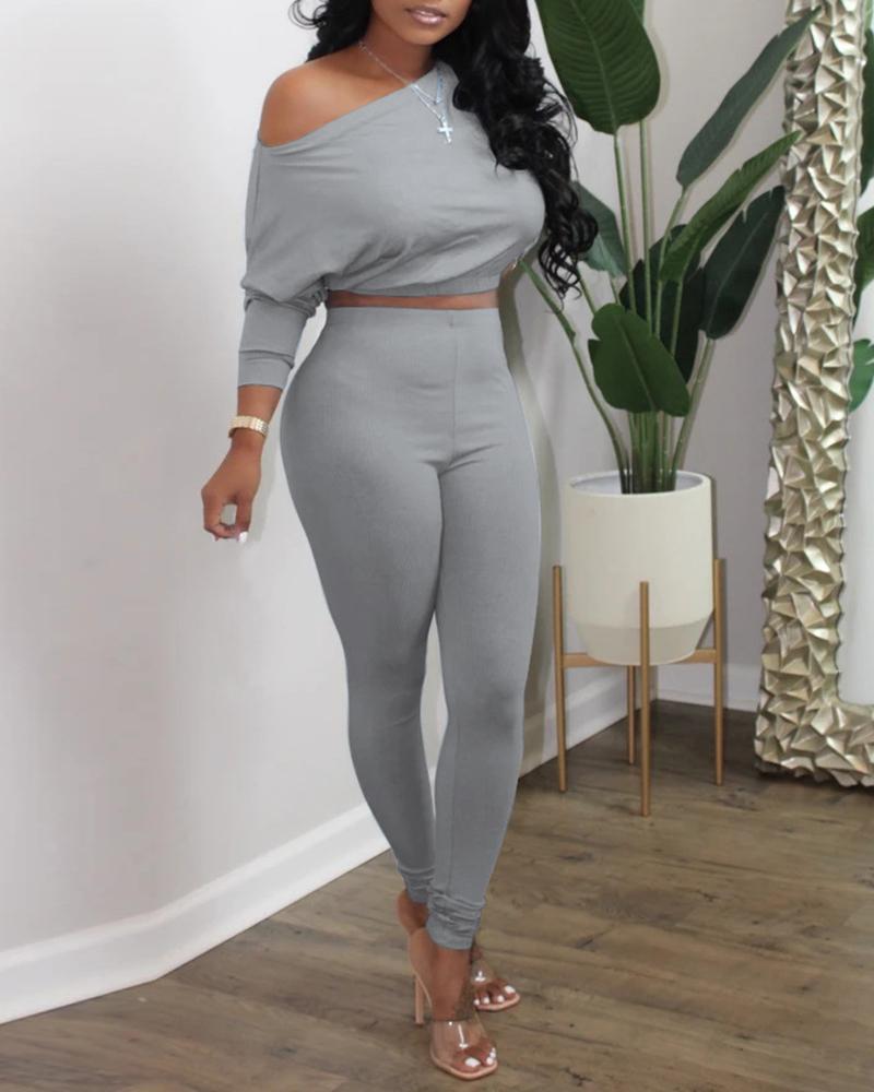 

One Shoulder Crop Top & High Waist Pants Set, Gray