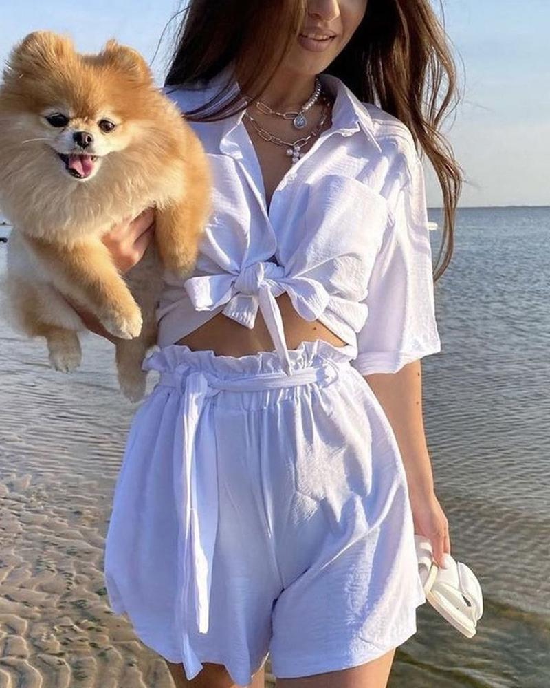 

Solid Color Lace-up Short Sleeve T-shirt With Short Pants Suit Sets, White