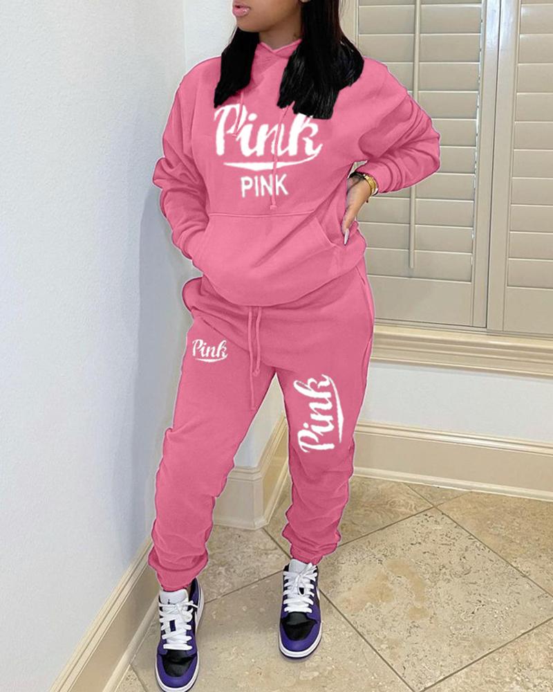 

Letter Print Pocket Design Hooded Top & Pants Set, Pink
