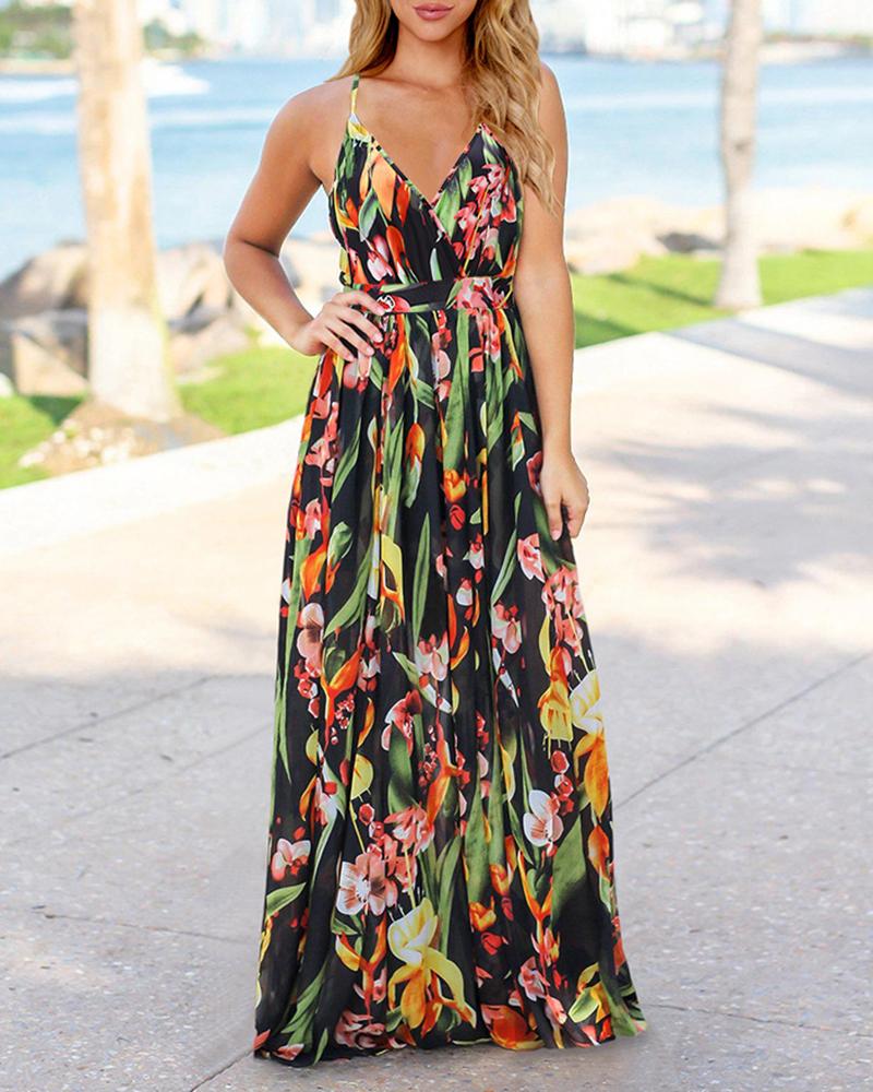 

Crisscross Backless Tropical Print Maxi Dress, Black