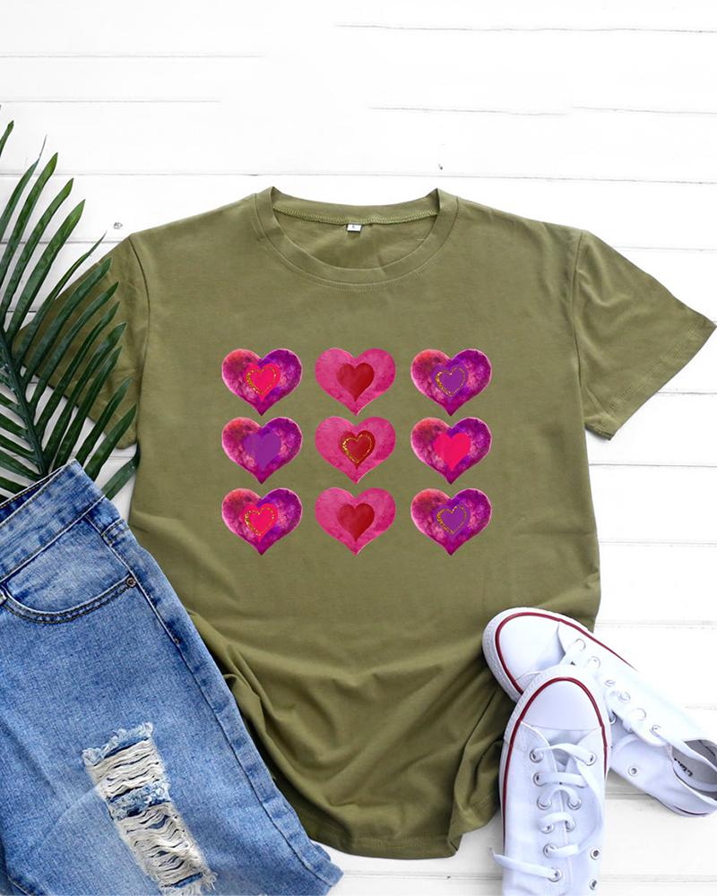 

Valentine' Day Heart Print Short Sleeve O-Neck Top, Green