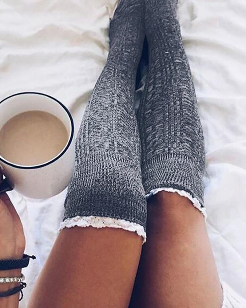 

Lace Trim Colorblock Over The Knee Socks, Gray