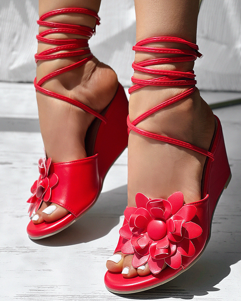 

Sandalias de cuña con tiras y estampado floral degradado, Red