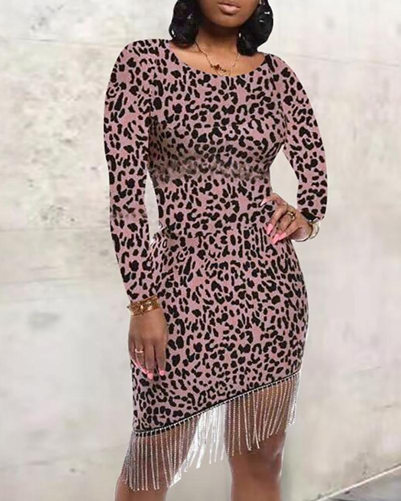 

Leopard Print Tassel Irregular Bodycon Dress, Gray