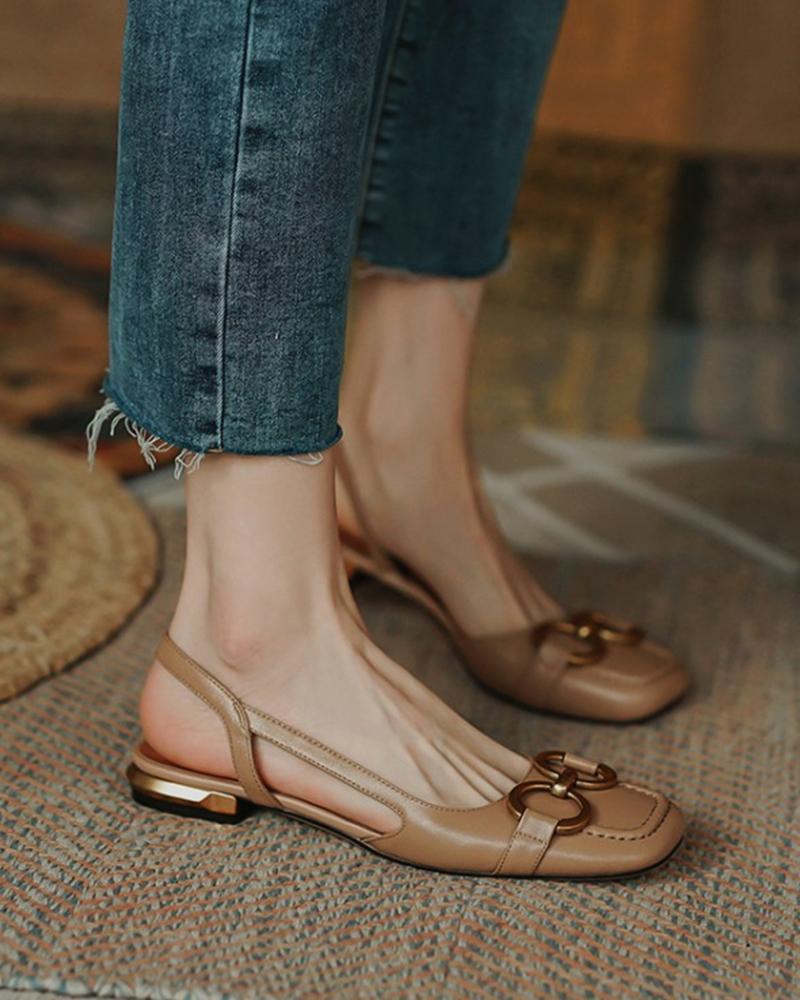 

Metal Buckle Sqaure Toe Slingback Flats, Khaki