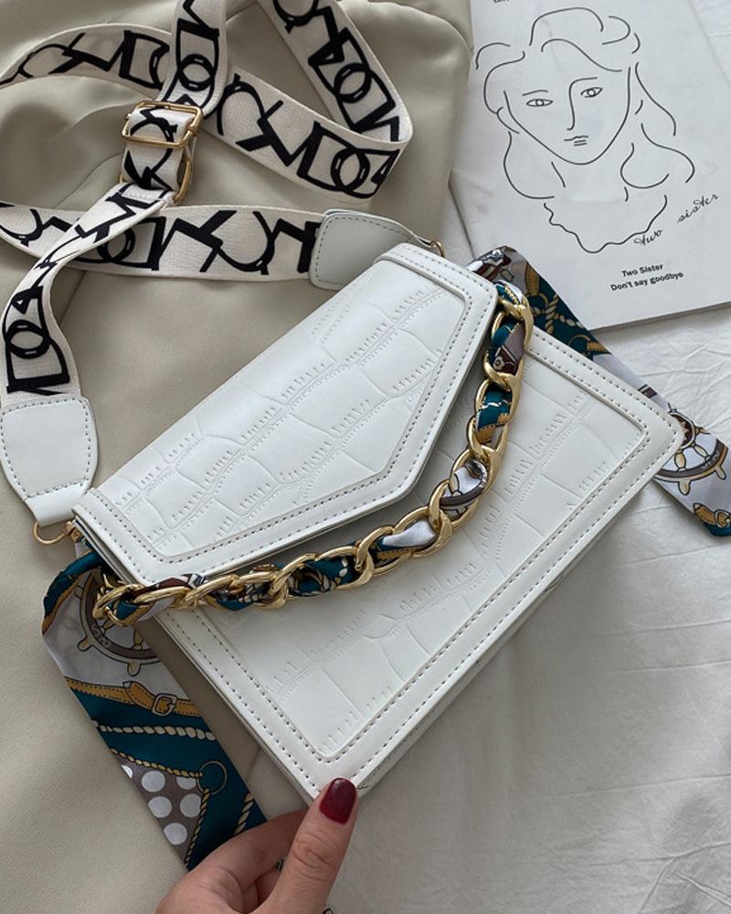 

Embossed Chain Decor Flap Shoulder Bag, White