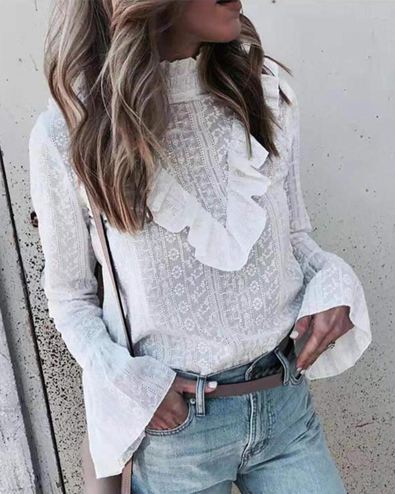 

Floral Embroidery Ruffles Bell Sleeve Top, White