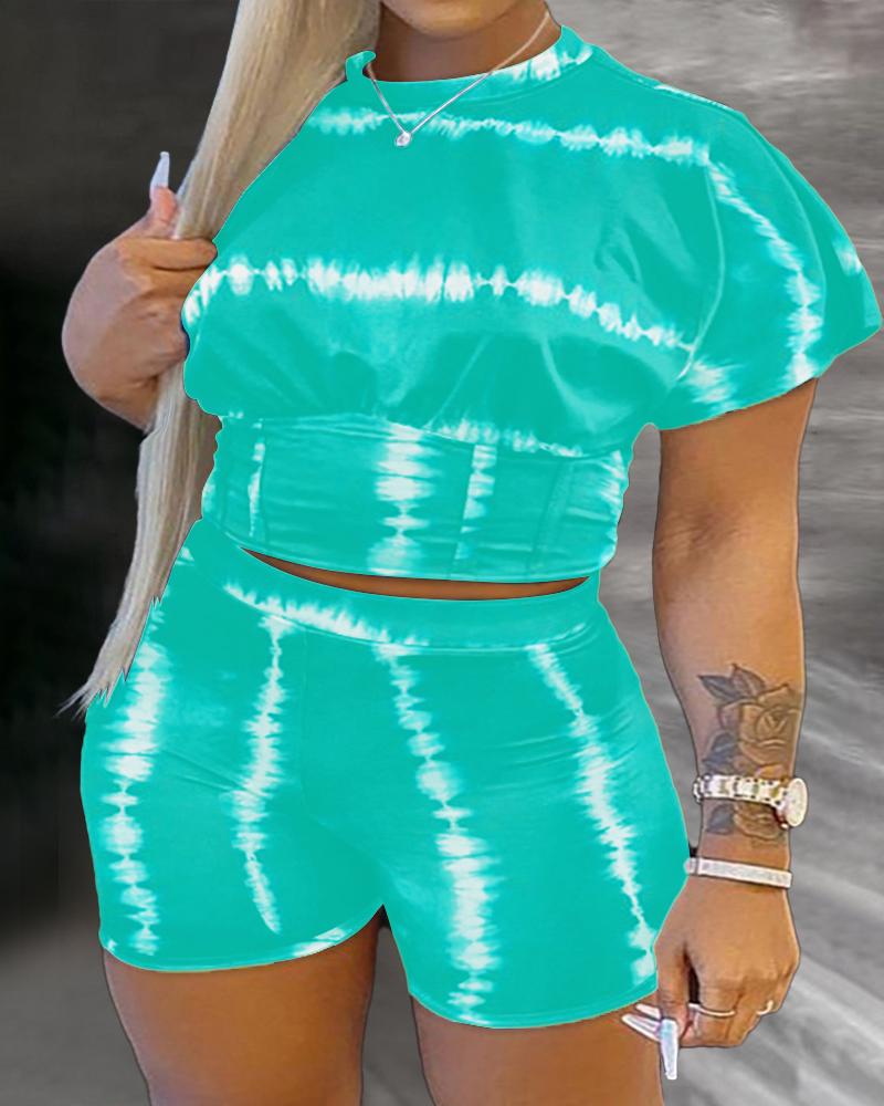 

Plus Size Tie Dye Print Crop Top & Shorts Set, Green
