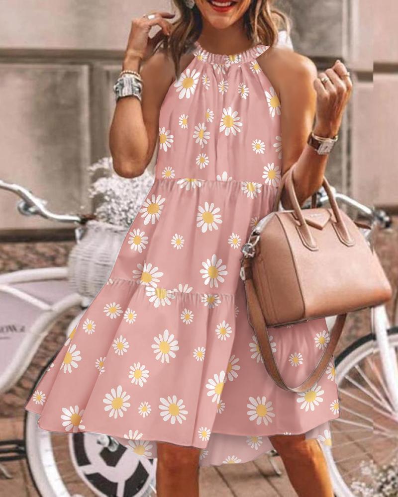 

Halter Floral Print Ruched Patchwork Sleeveless Dress, Pink