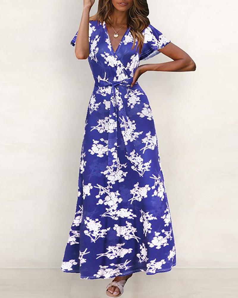 

Floral V Neck Tie Waist Maxi Dress, Purple