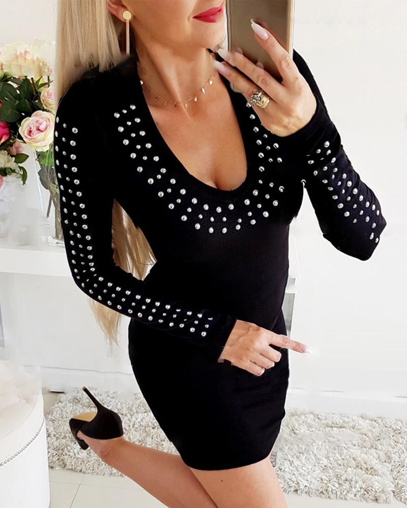 

Pearls Decor Long Sleeve Bodycon Dress, Black