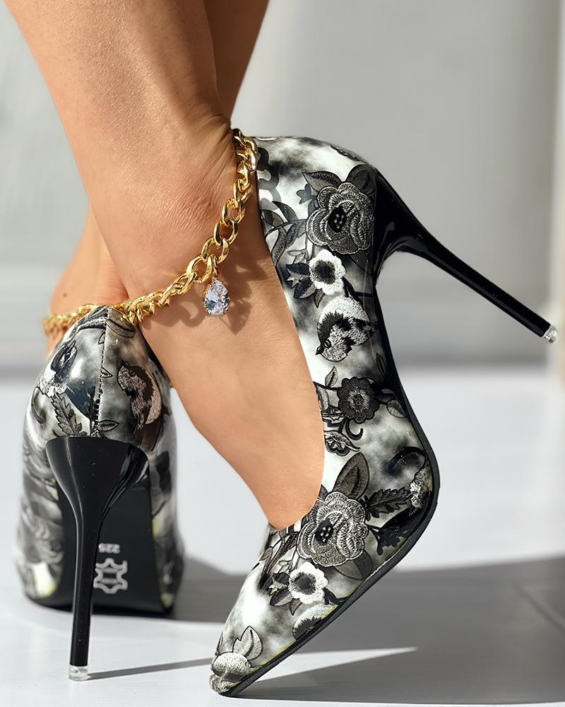 

Floral Pattern Stiletto Heel Pumps, Gray