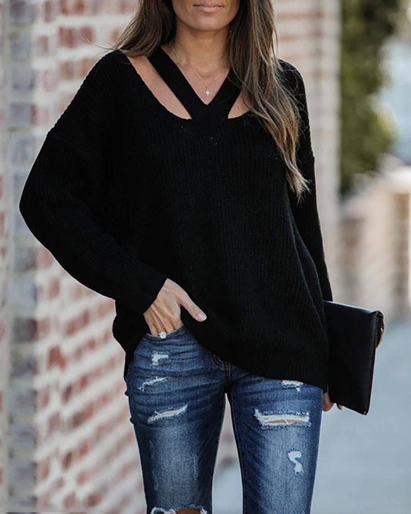

Cutout V-Neck Drop Shoulder Sweater, Black