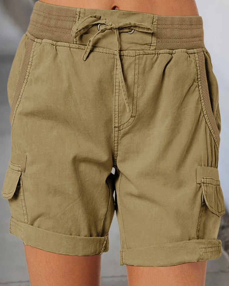 

Pocket Detail Roll Hem Drawstring Shorts, Khaki