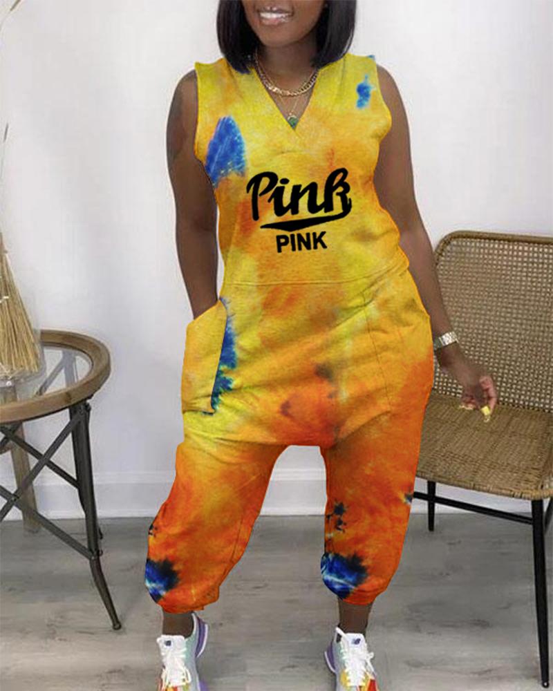 

Letter Tie Dye Print Pocket Design Jumpsuit, Yellow
