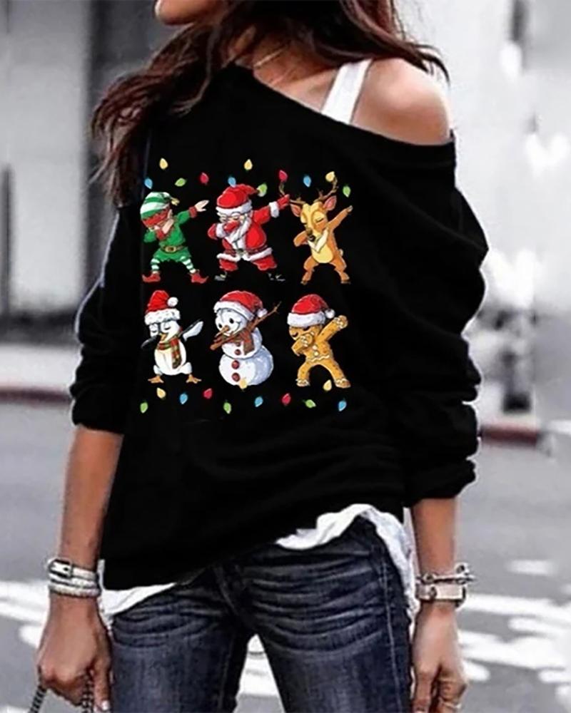 

Christmas Snowman Print Long Sleeve Sweatshirt, Black