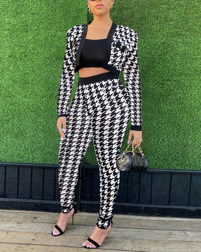 

Houndstooth Open Front Crop Top & Pants Set, White