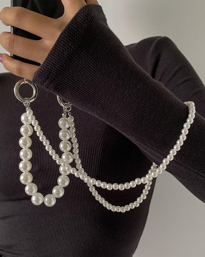 

1pc Layered Faux Pearls Beaded Phone Lanyard, Silver