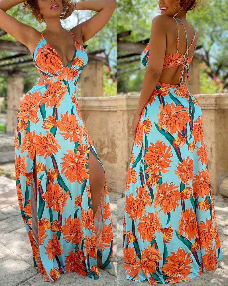 

Cutout Crisscross Floral Print Slit Maxi Dress, Orange