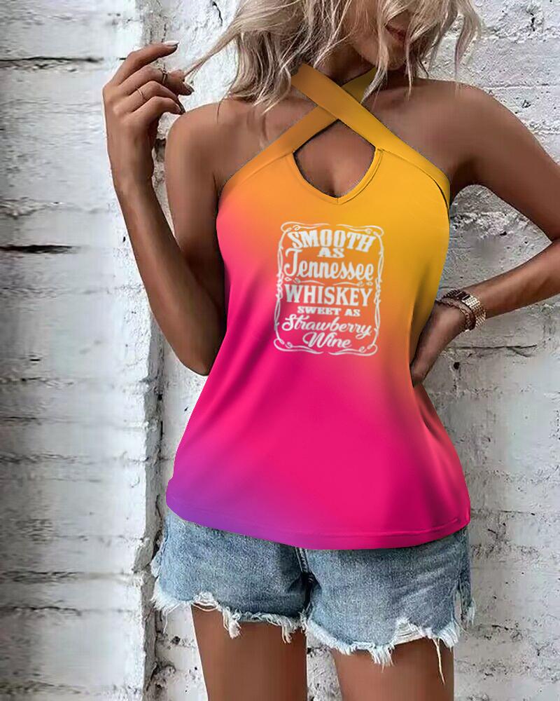 

Smooth As Tennessee Whiskey Sweet As Strawberry Wine Print Ombre Cross Halter Tank Top, Multicolor