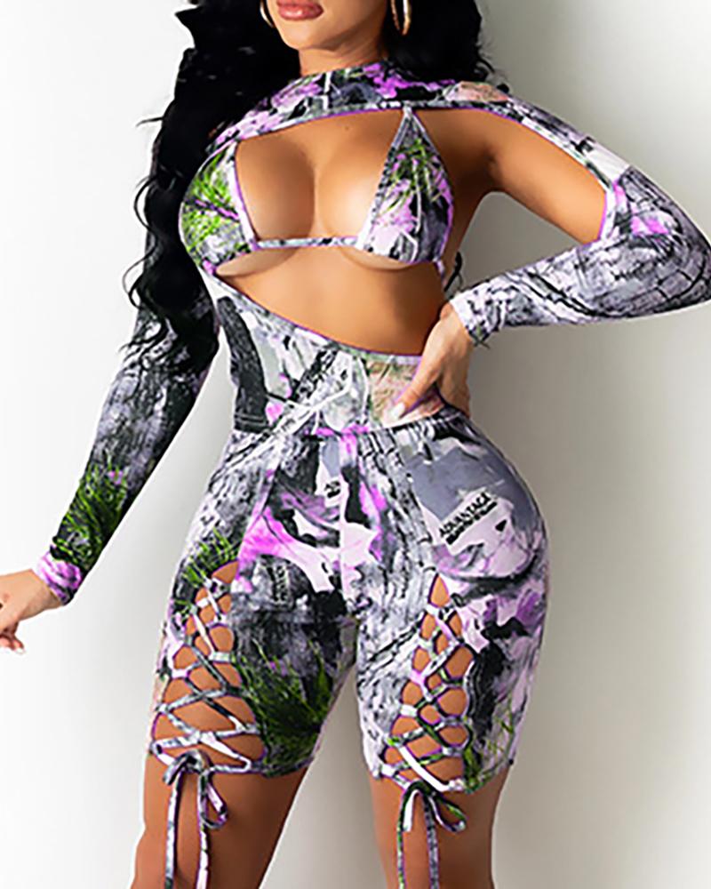 

Graphic Print Cutout Top & Lace-up Shorts Set, Purple