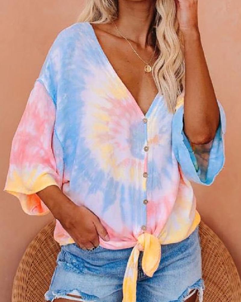 

Tie Dye Print Tie Front Buttoned T-shirt, Orange