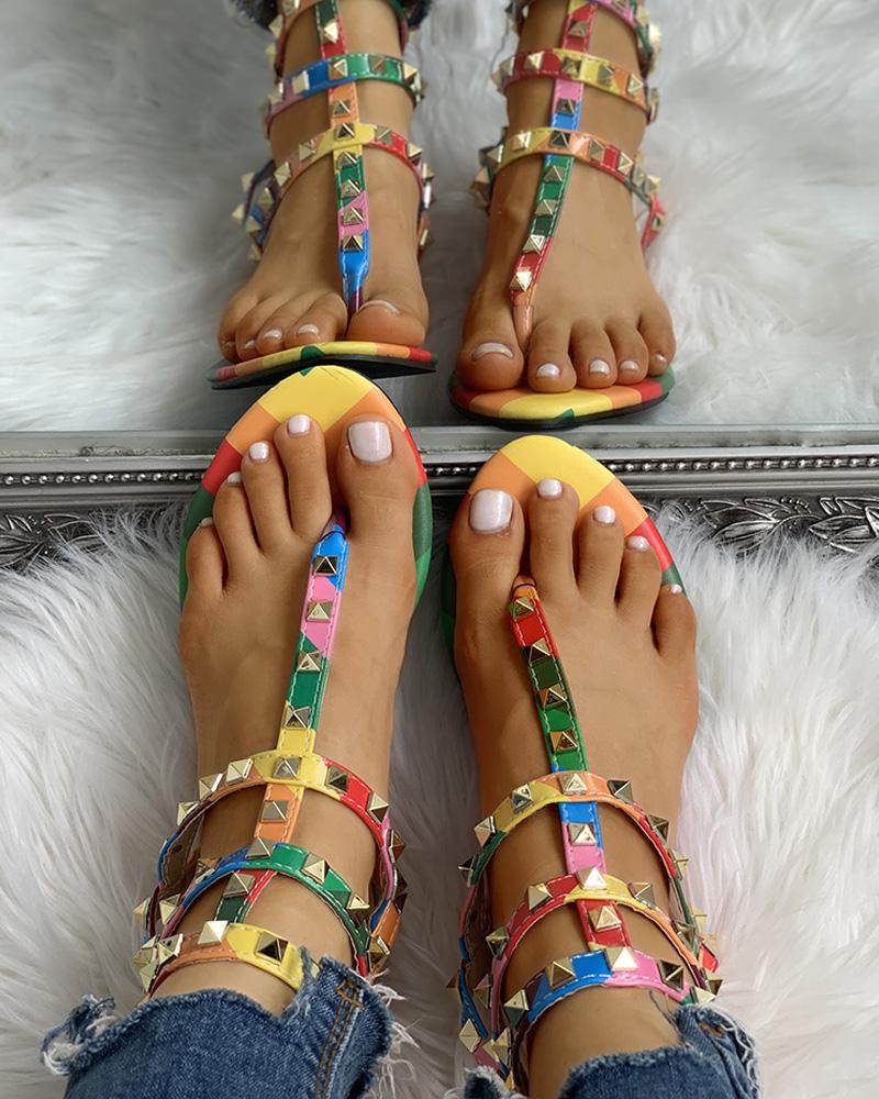 

Rivets Multi Strap Toe Post Flat Sandals, Multicolor