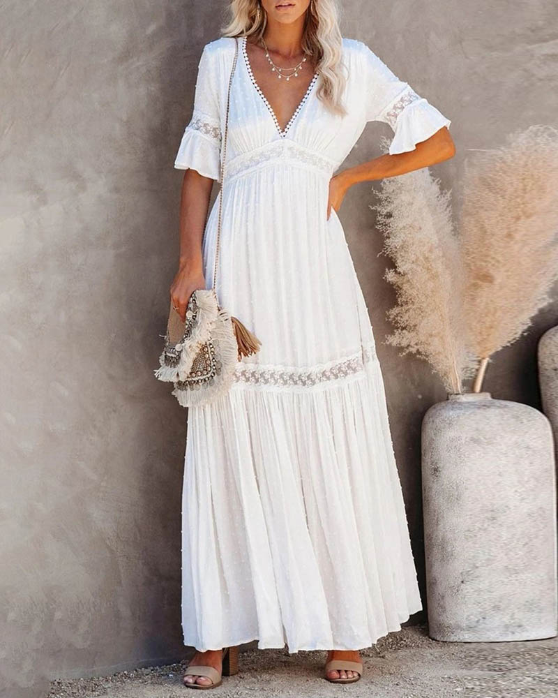 

V-Neck Lace Patch Cutout Back Pom Pom Trim Maxi Dress, White