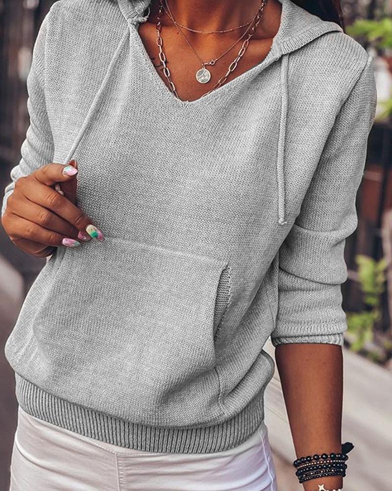 

Pocket Front Long Sleeve Hodded Knit Sweater, Gray