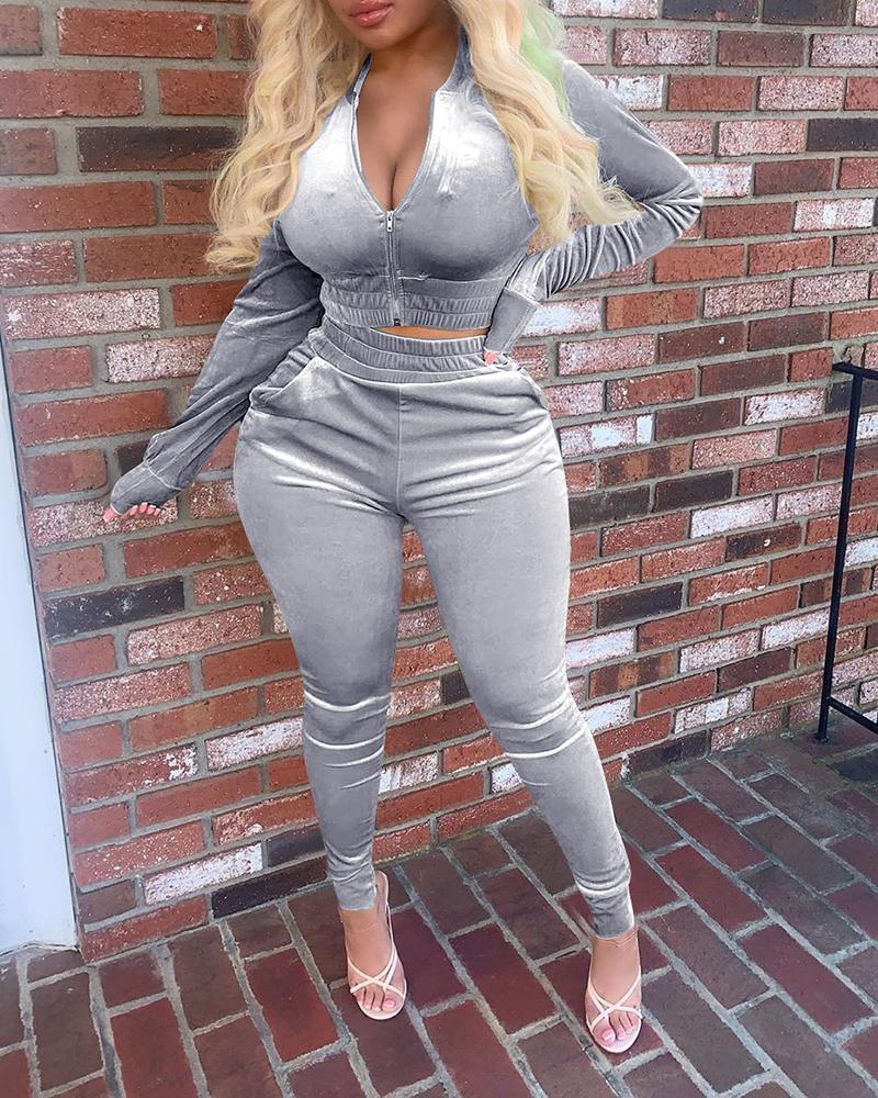 

Zipper Design Long Sleeve Crop Top & Skinny Pants Set, Gray