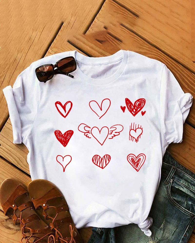 

Valentine' Day Heart Print Short Sleeve O-Neck T-shirt, White