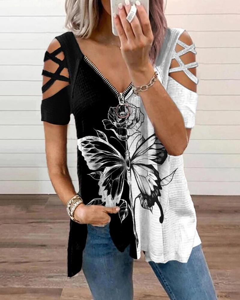 

Colorblock Butterfly Print Short Sleeve Loose T-shirts, Black&white