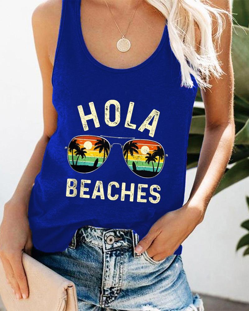 

Coconut Tree Sunglasses Landscape Letter Print Graphic Tee Summer Beach Vest Tank Top, Blue