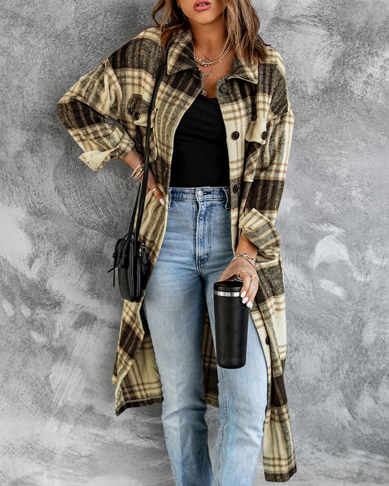 

Plaid Print Button Pocket Design Longline Shacket, Brown