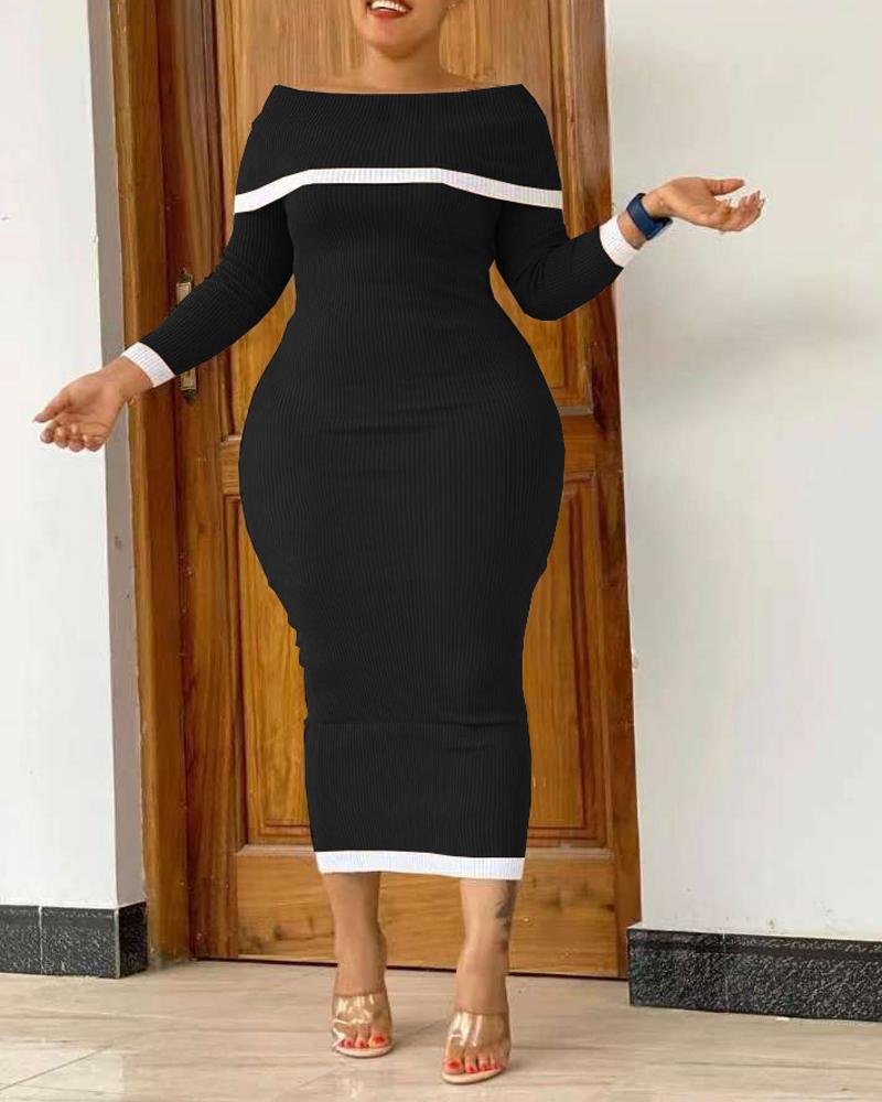 

Plus Size Contrast Paneled Off Shoulder Ribbed Bodycon Dress, Black