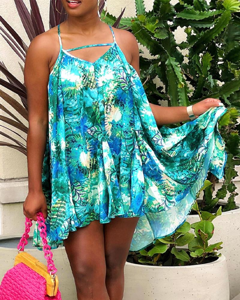 

Tropical Print High Low Hem Swing Dress, Green