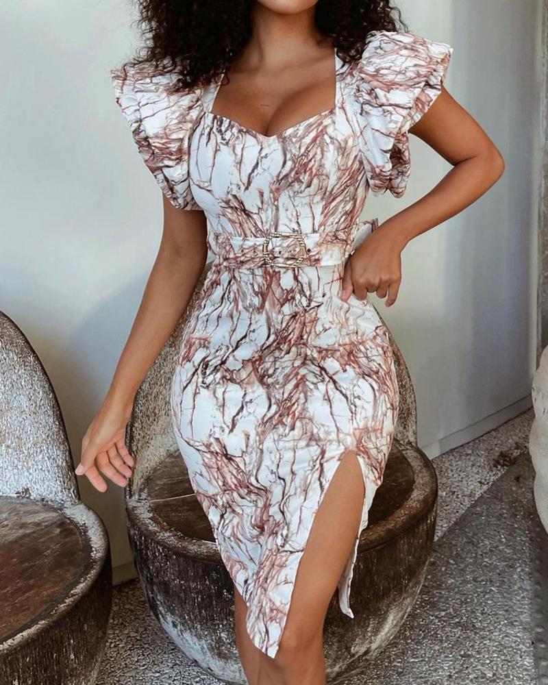 

Abstract Print Ruffle Hem Slit Bodycon Dress With Belt, Gray